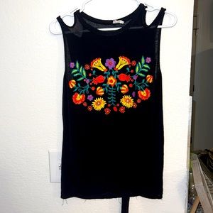 Women's size medium, BiBi split sleeve black floral top with tie. TTS